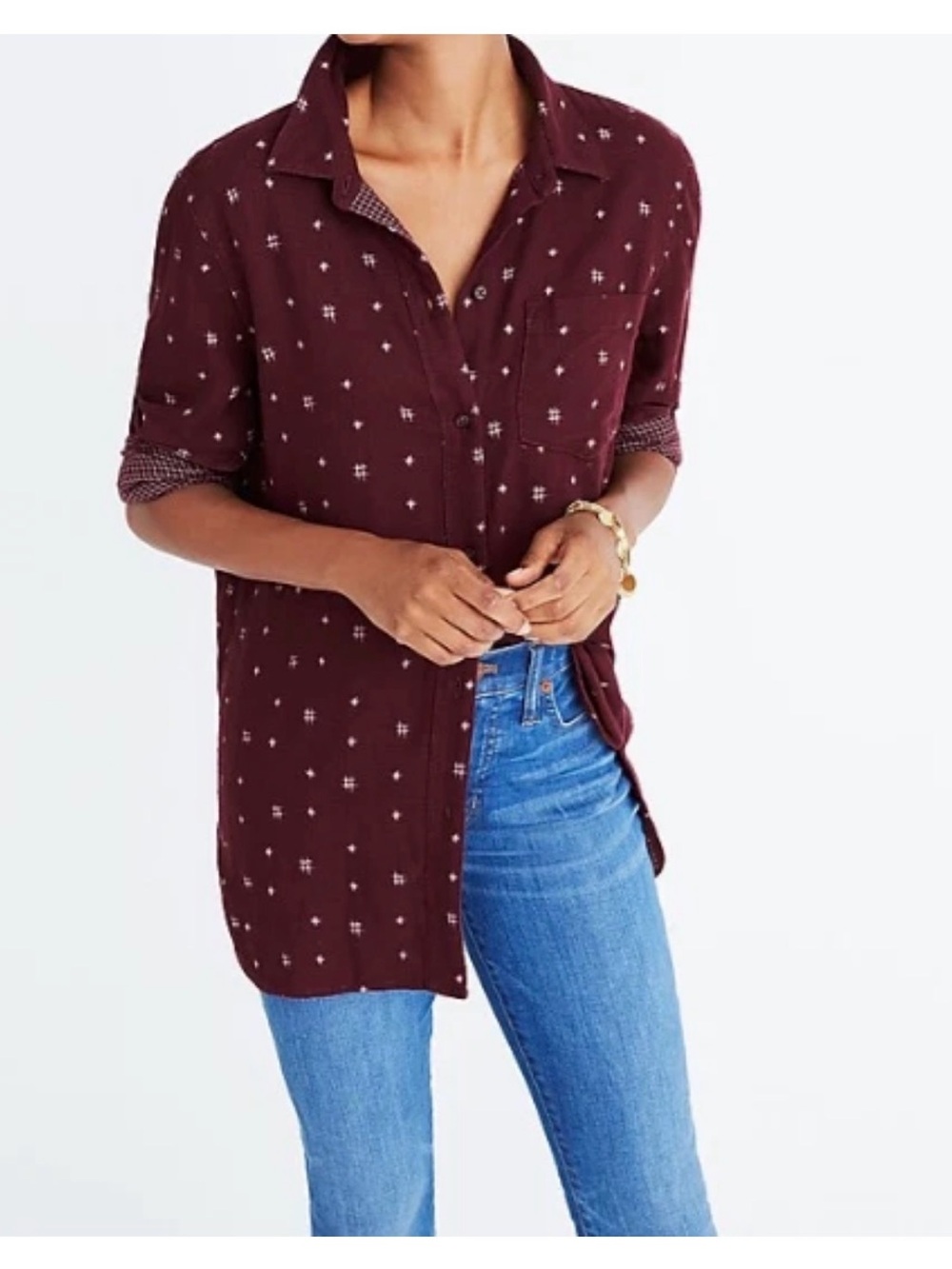 Madewell Burgundy Button-Down Shirt with Tiny Print
